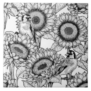 Carreau Fleurs de soleil et ailerons en noir et blanc
