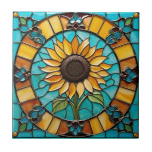 Carreau Fleurs de soleil jaunes Faux Verre tendu Aqua Bleu
