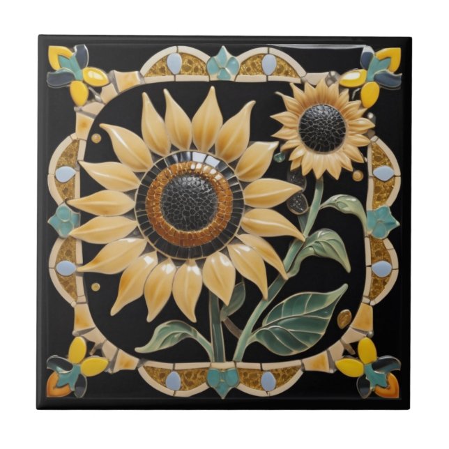 Carreau Fleurs de soleil jaunes modernes en noir (Devant)