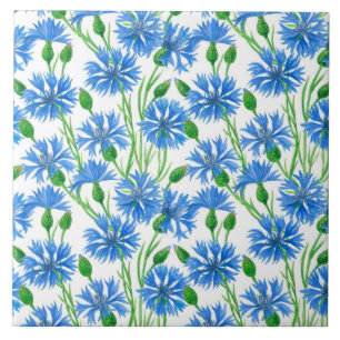 Carreau Fleurs d'eau bleu, fleurs sauvages sur blanc