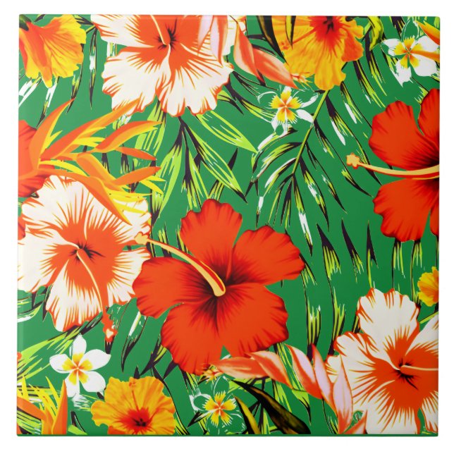 Carreau Fleurs d'hibiscus tropicaux verts (Devant)