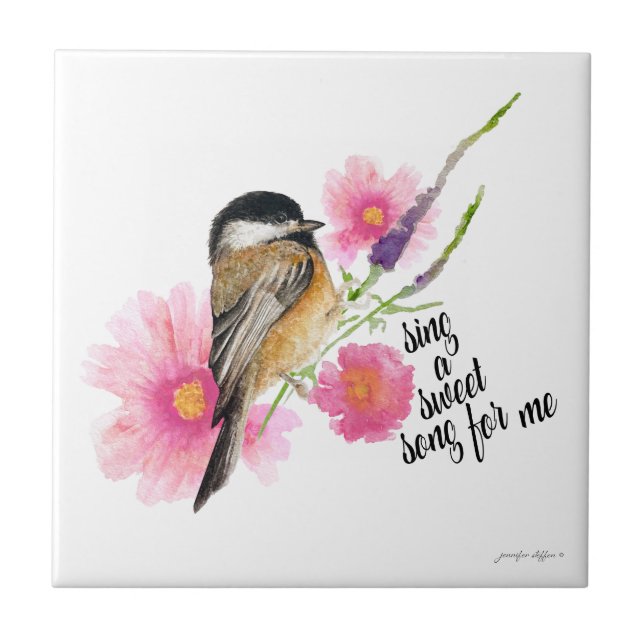 Carreau Fleurs d'Oiseaux de Chickadee Aquarelle Ressort di (Devant)