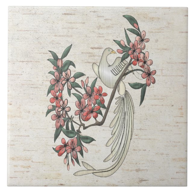 Carreau Fleurs d'oiseaux et de cerisiers blancs sur Carrel (Devant)