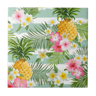 Carreau Fleurs et ananas tropicaux sur les rayures