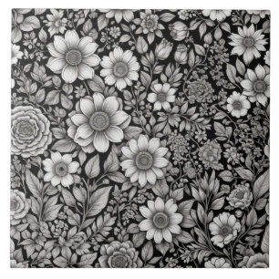 Carreau Fleurs et feuilles noirs et blancs