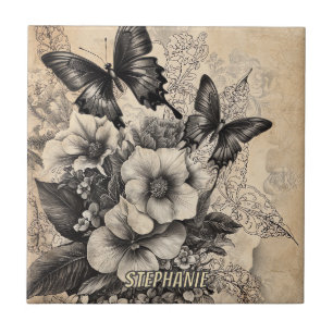 Carreau Fleurs et papillons rustiques - Papier vieilli (10