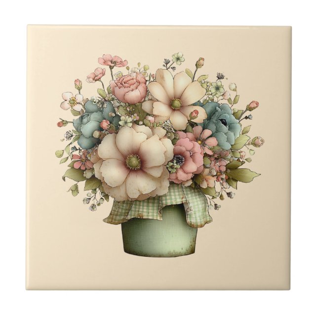 Carreau Fleurs Fantaisistes dans un Pot de Fleurs Mignon (Devant)