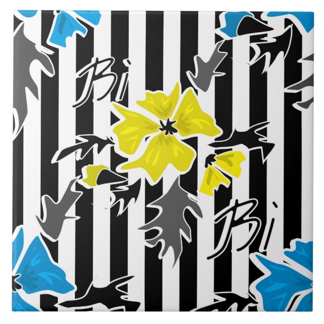 Carreau Fleurs florales bleues jaunes gris feuille st (Devant)