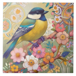 Carreau Fleurs florales colorées d'Oiseau de Chickadee Gre