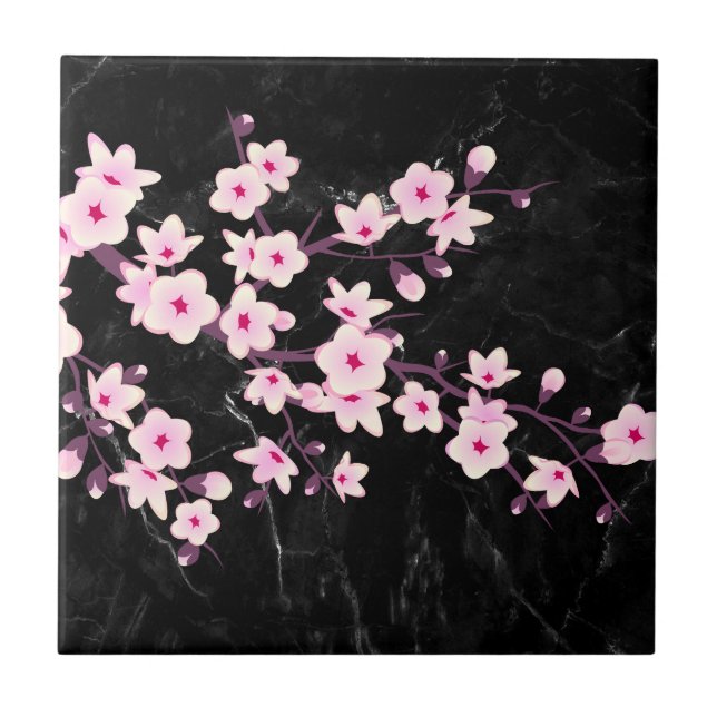 Carreau Fleurs florales de cerisier marbre rose noir (Devant)