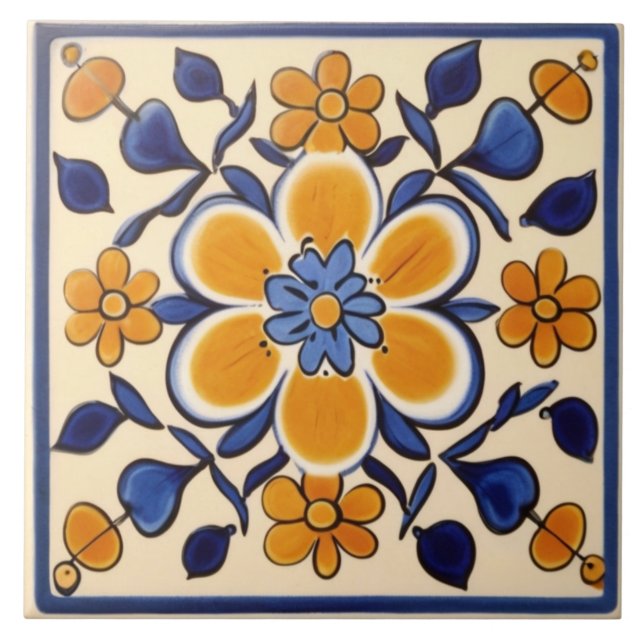 Carreau Fleurs florales jaunes et bleues foncées méditerra (Devant)