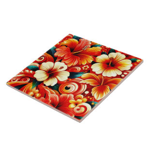 Carreau Fleurs hawaïennes tropicales Hibiscus Motif orange