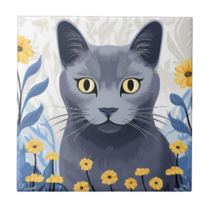 Carreau Fleurs Jaunes Chat Bleu Russe
