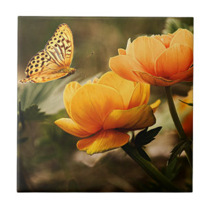 Carreau Fleurs jaunes dorées et papillon