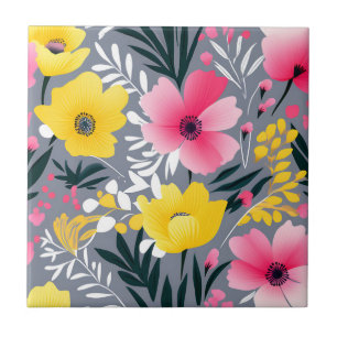 Carreau Fleurs Jaunes Et Roses Vibrantes Sur Gris