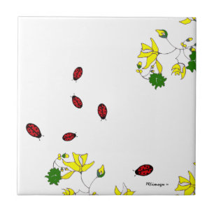 Carreau Fleurs jaunes et six petites tuiles de coccinelles