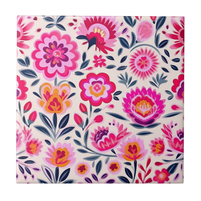 Carreau Fleurs mexicaines rose Fuchsia BOHO Chic Floral (Devant)