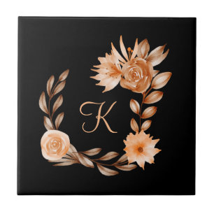 Carreau Fleurs noir marron et pêche avec monogramme