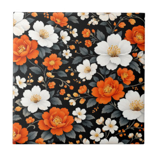 Carreau Fleurs orange et blanches vibrantes sur fond noir 