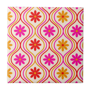 Carreau Fleurs orange rose rouge rétro sur motif ogee 