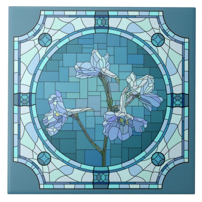 Carreau Fleurs peintes, Iris bleus (look vitrail) (Devant)