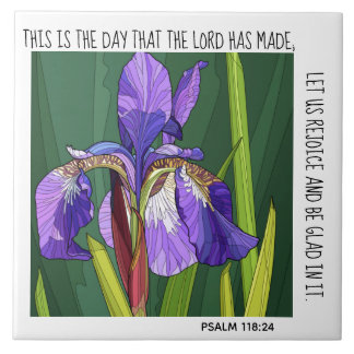 Carreau Fleurs peintes (iris pourpre); vers Psaume 118:24