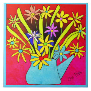 Carreau Fleurs psychédéliques vibrantes dans un vase bleu