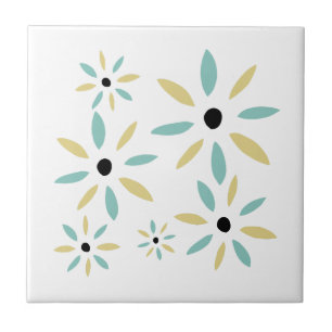 Carreau Fleurs Rétro Mi-Século Aqua Bleu Et Jaune