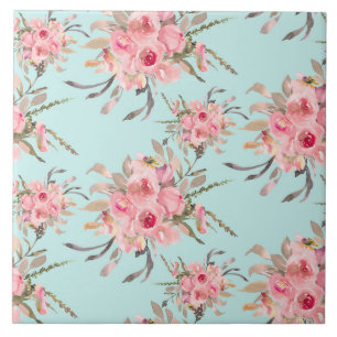 Carreau Fleurs rose pâle sur fond bleu clair