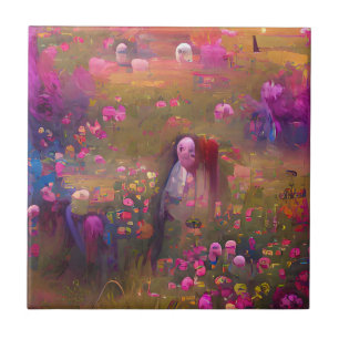 Carreau Fleurs roses dans un art numérique de champ vert
