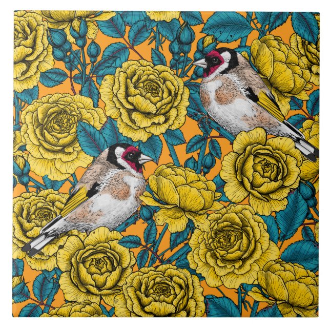 Carreau Fleurs roses et oiseaux dorés (Devant)
