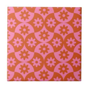 Carreau Fleurs roses et orange sur coquille vintage de mil