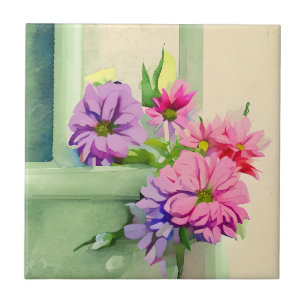 Carreau Fleurs roses et violettes sur fond de fenêtre