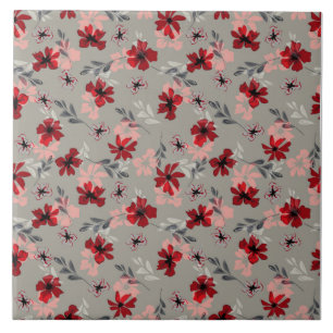 Carreau Fleurs roses rouges sur un fond gris.