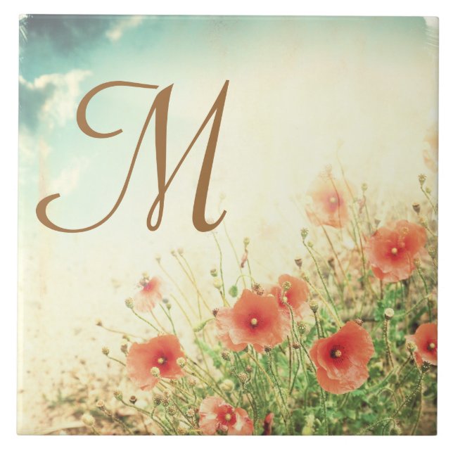 Carreau Fleurs roses sauvages dans le champ Monogramme Dis (Devant)