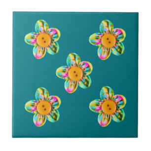 Carreau Fleurs roses, violettes, jaunes sur turquoise