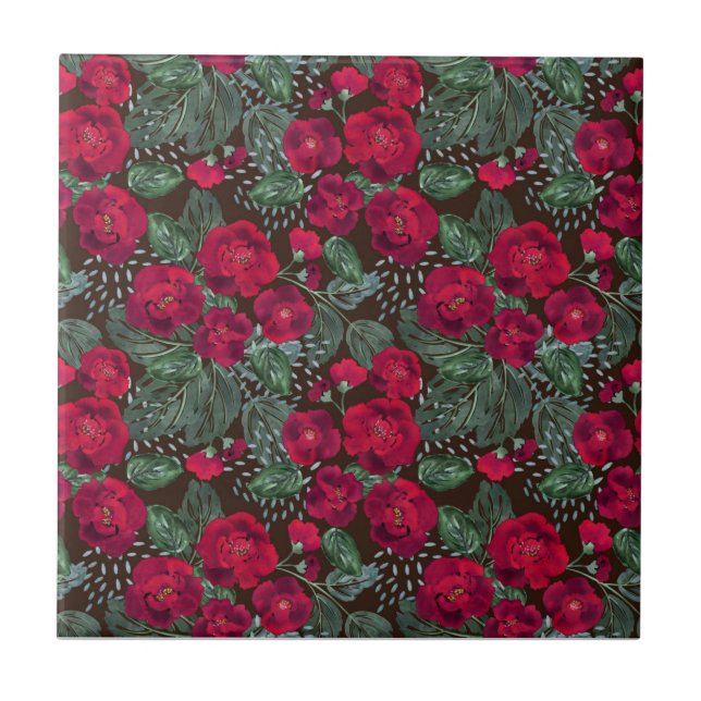 Carreau Fleurs rouges, aquarelle motifs floraux. (Devant)