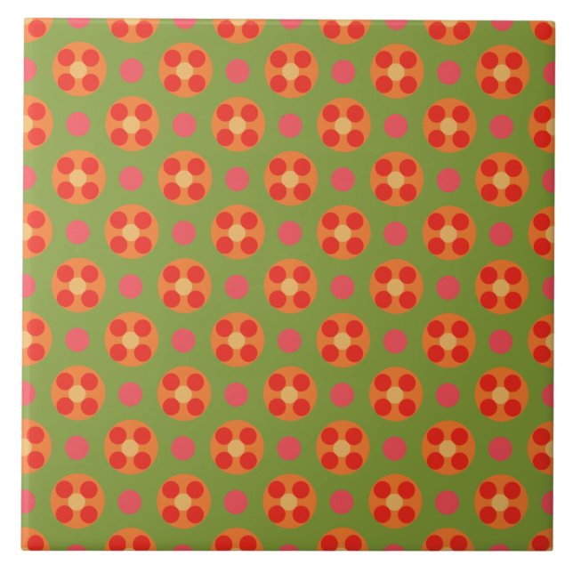 Carreau Fleurs rouges et Pois de pavot rétro sur vert (Devant)
