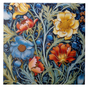 Carreau Fleurs rouges jaunes bleues William Morris Style