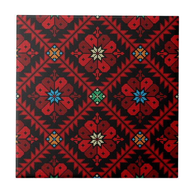 Carreau Fleurs rouges Palestine Broderie tatreez Motif (Devant)
