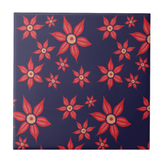 Carreau Fleurs rouges sur Carrelage en céramique bleue