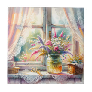 Carreau Fleurs sauvages à la fenêtre d'un cottage ensoleil