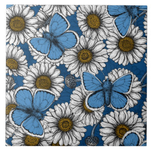 Carreau Fleurs sauvages blanches et papillons bleus
