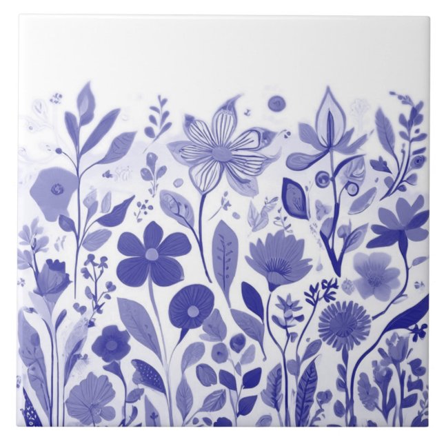 Carreau Fleurs sauvages d'été - Bleu foncé et Fleurs blanc (Devant)
