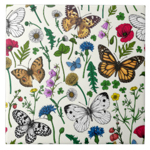 Carreau Fleurs sauvages et papillons sur blanc