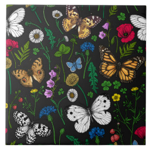 Carreau Fleurs sauvages et papillons sur le noir