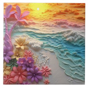 Carreau Fleurs tropicales avec coucher de soleil sur la pl
