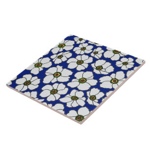 Carreau Fleurs tropicales blanches sur fond bleu 