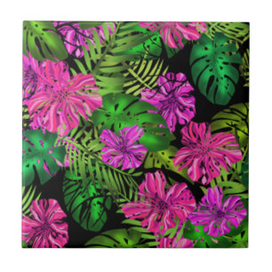 Carreau Fleurs tropicales et plantes en noir