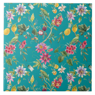 Carreau Fleurs tropicales, fruits et oiseaux Turquoises